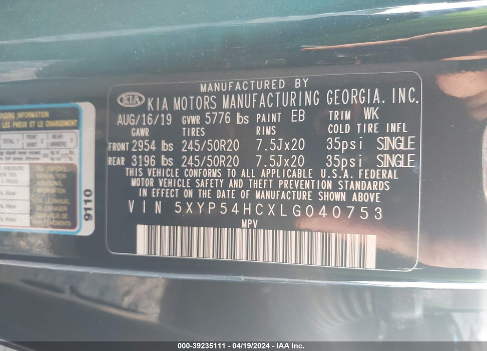 2020 KIA TELLURIDE SX VIN: 5XYP54HCXLG040753