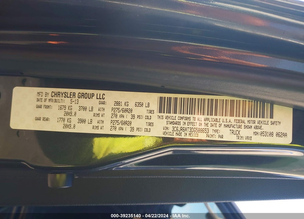 2013 RAM 1500 EXPRESS VIN: 3C6JR6AT3DG588653