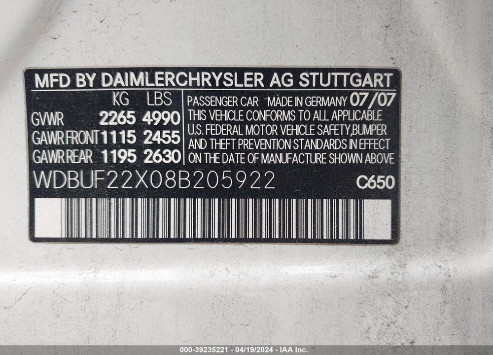 2008 MERCEDES-BENZ E 320 BLUETEC VIN: WDBUF22X08B205922