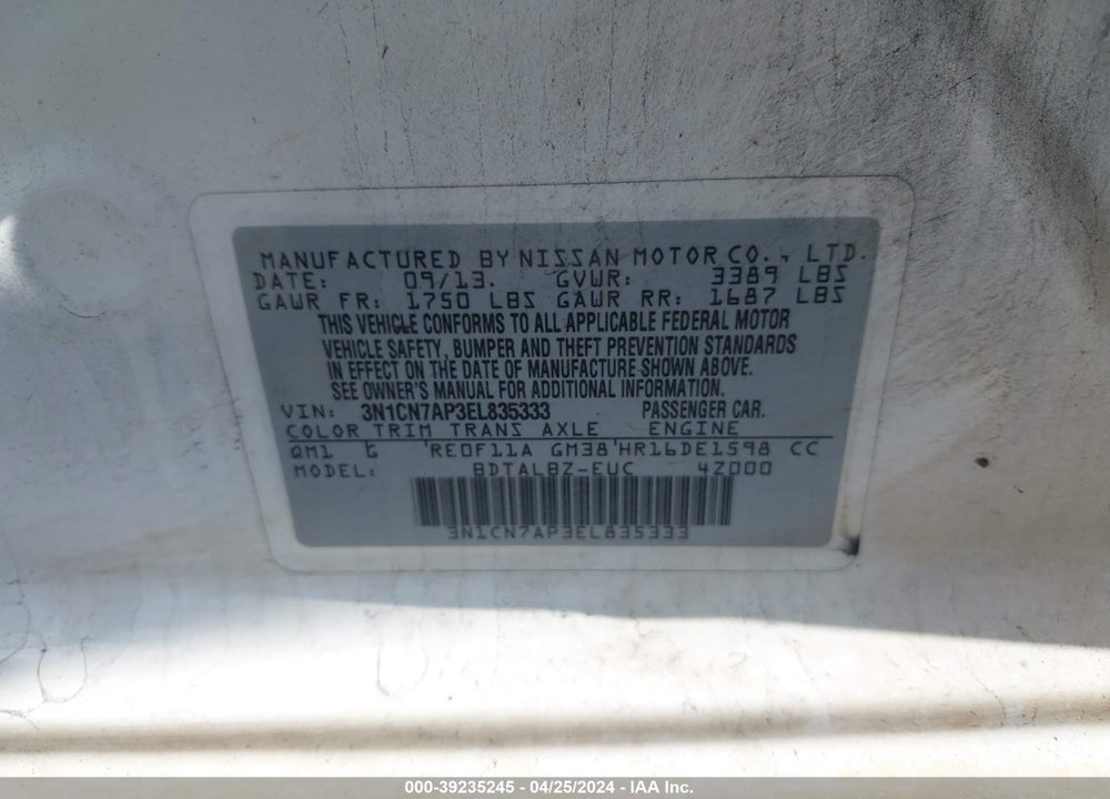 2014 NISSAN VERSA 1.6 SV VIN: 3N1CN7AP3EL835333
