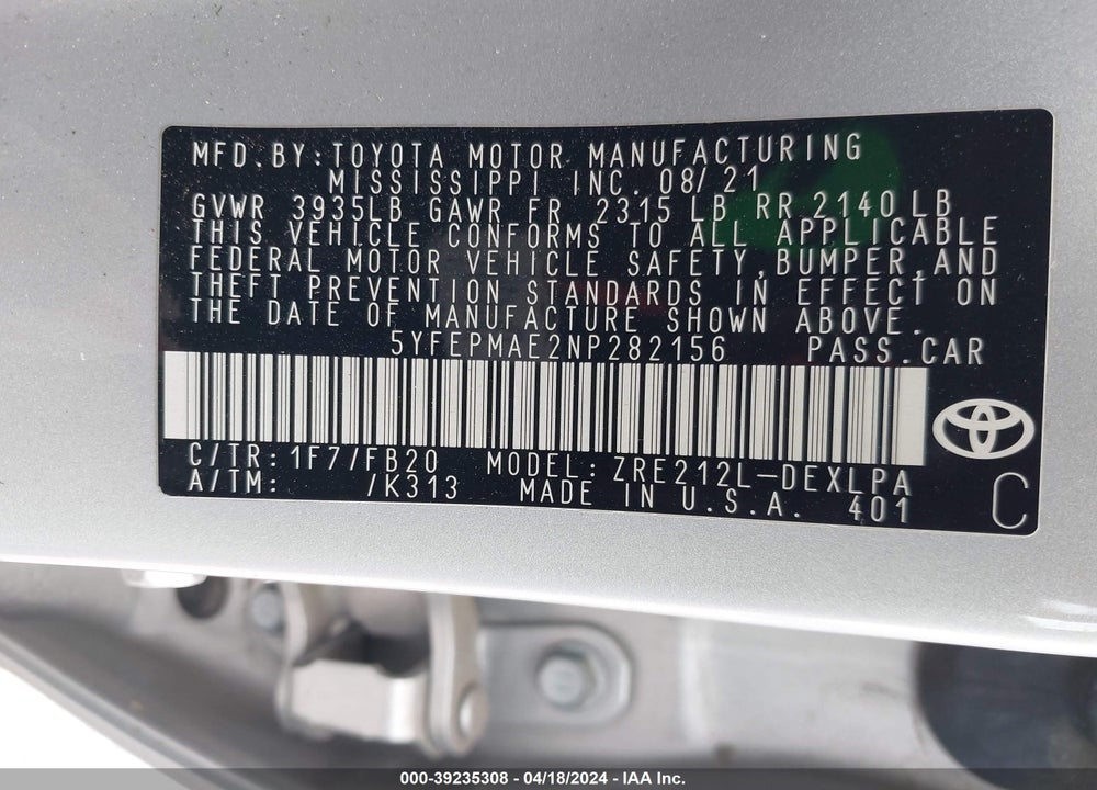 2022 TOYOTA COROLLA LE VIN: 5YFEPMAE2NP282156