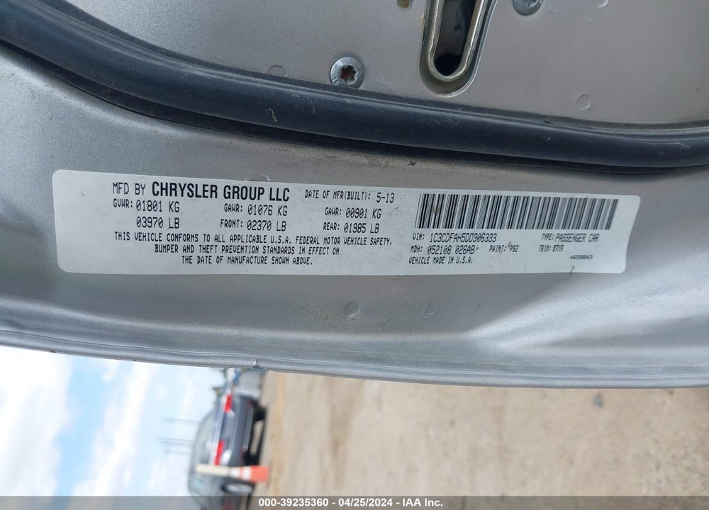 2013 DODGE DART AERO VIN: 1C3CDFAH5DD306333