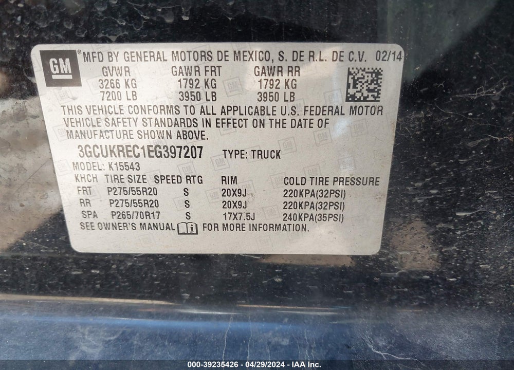 2014 CHEVROLET SILVERADO 1500 1LT VIN: 3GCUKREC1EG397207