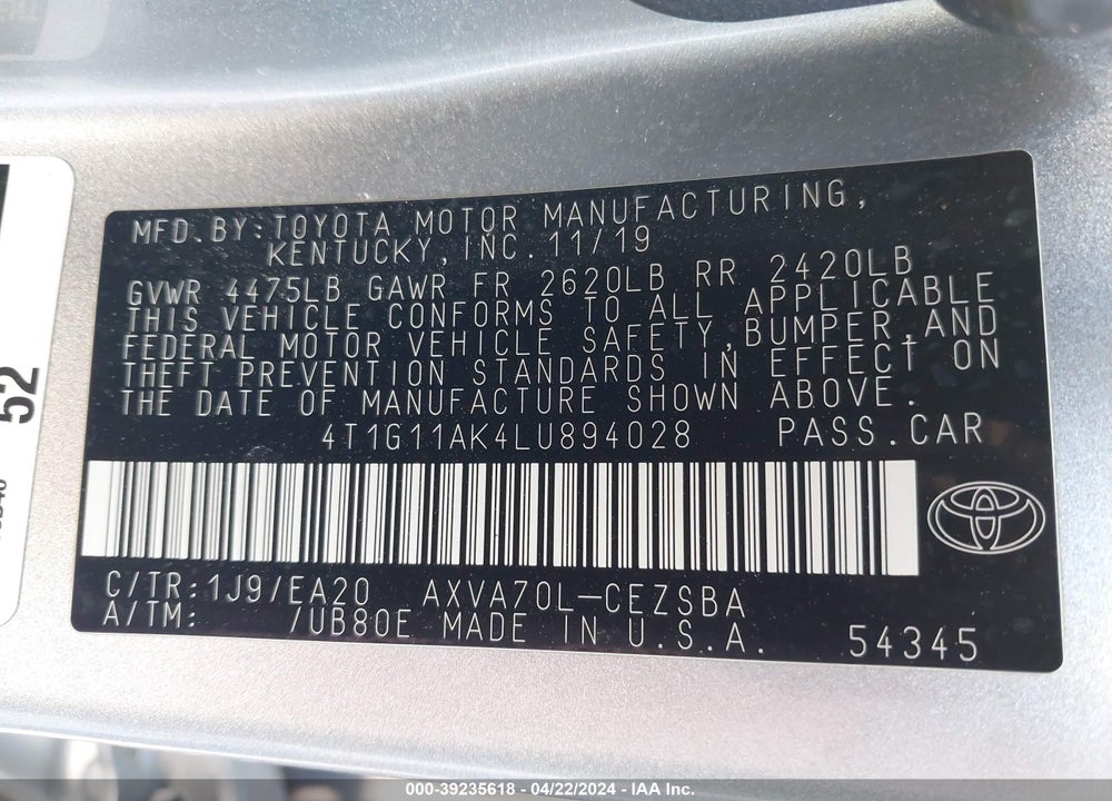 2020 TOYOTA CAMRY SE VIN: 4T1G11AK4LU894028