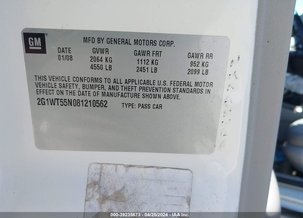 2008 CHEVROLET IMPALA LT VIN: 2G1WT55N081210562