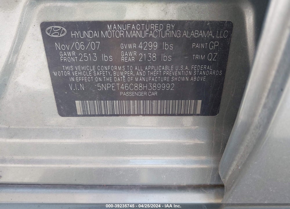 2008 HYUNDAI SONATA GLS VIN: 5NPET46C88H389992