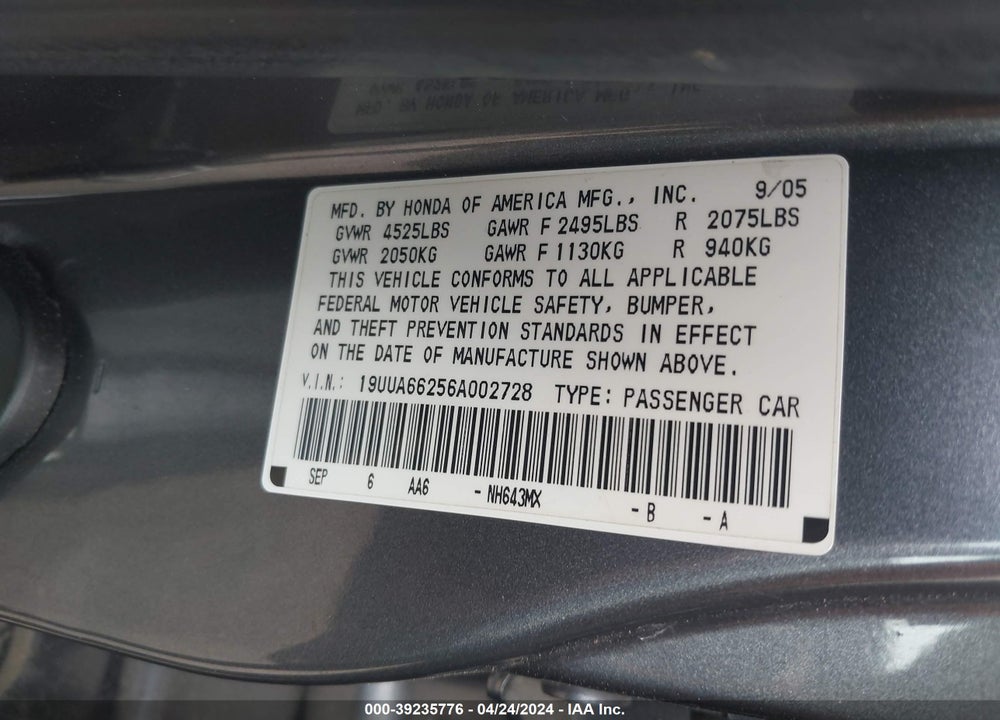 2006 ACURA TL VIN: 19UUA66256A002728