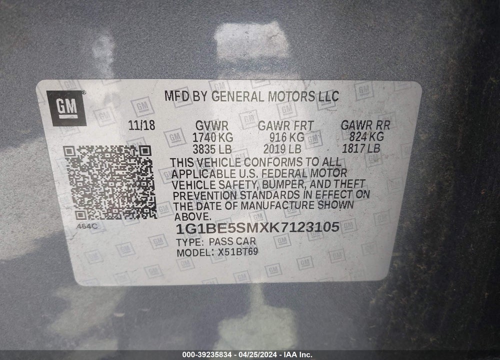 2019 CHEVROLET CRUZE LT VIN: 1G1BE5SMXK7123105