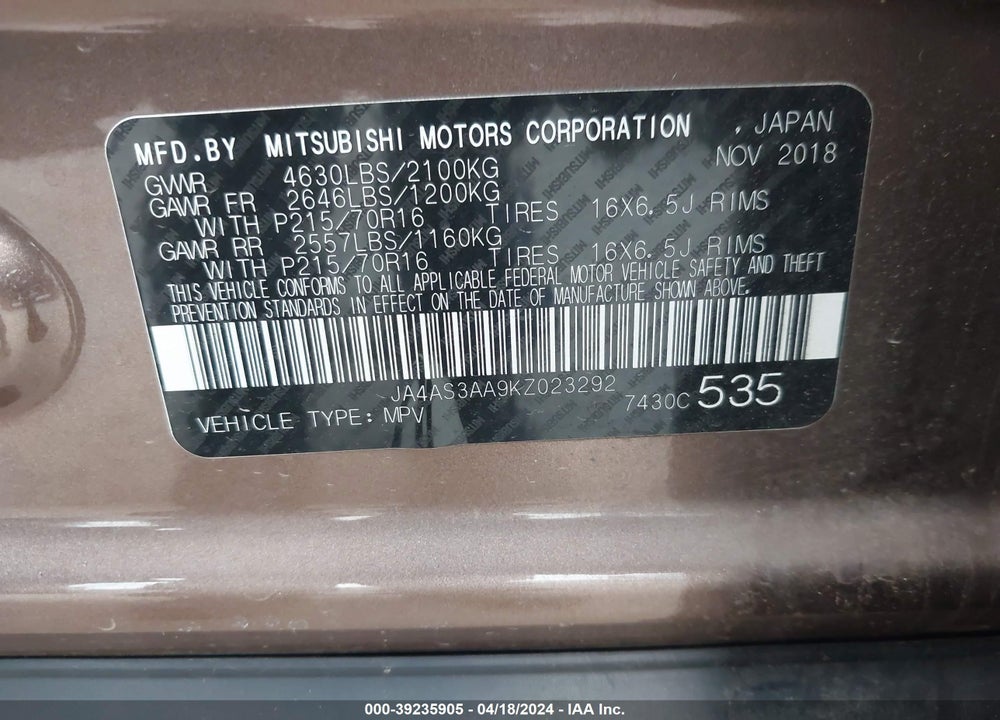2019 MITSUBISHI ECLIPSE CROSS ES VIN: JA4AS3AA9KZ023292