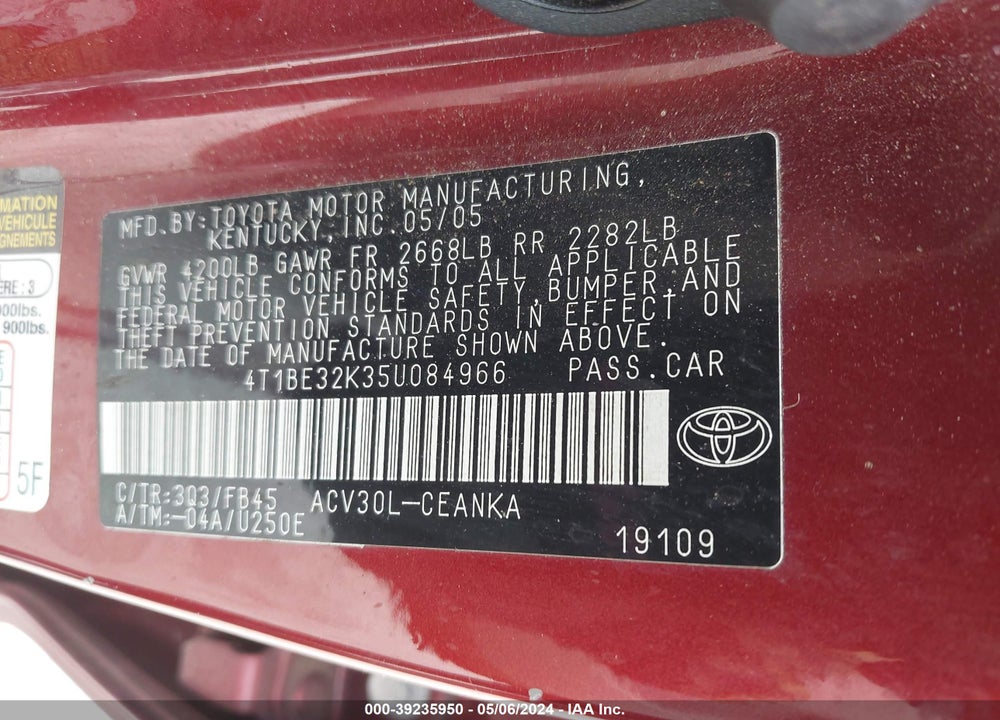 2005 TOYOTA CAMRY LE VIN: 4T1BE32K35U084966