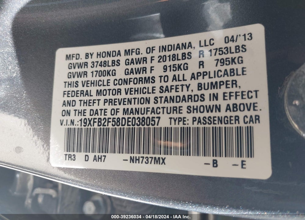 2013 HONDA CIVIC LX VIN: 19XFB2F58DE038057