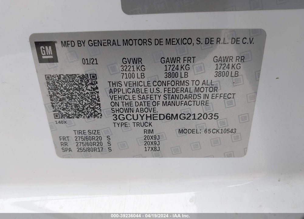 2021 CHEVROLET SILVERADO 1500 4WD SHORT BED HIGH COUNTRY VIN: 3GCUYHED6MG212035