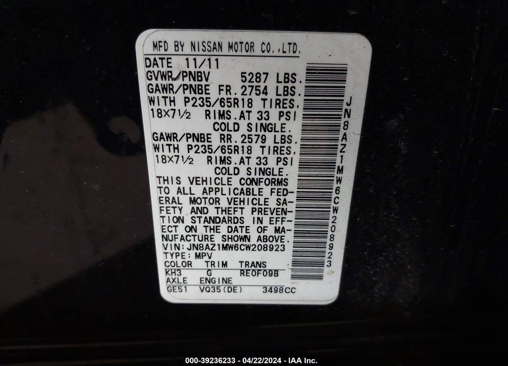 2012 NISSAN MURANO VIN: JN8AZ1MW6CW208923