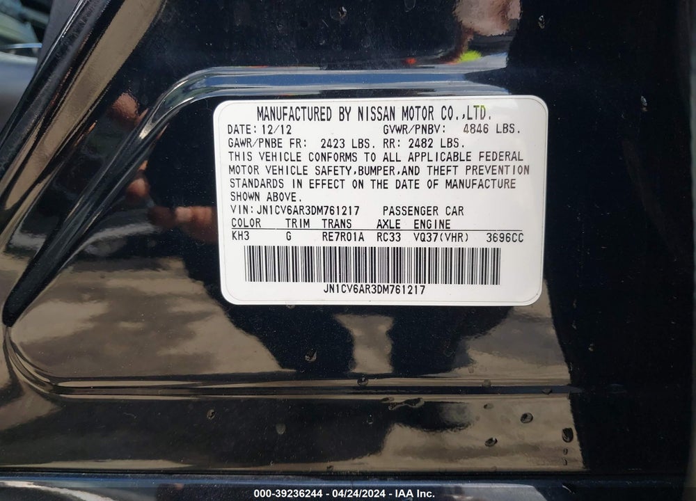 2013 INFINITI G37X VIN: JN1CV6AR3DM761217