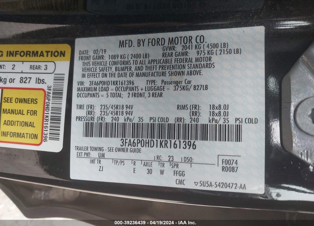 2019 FORD FUSION SE VIN: 3FA6P0HD1KR161396