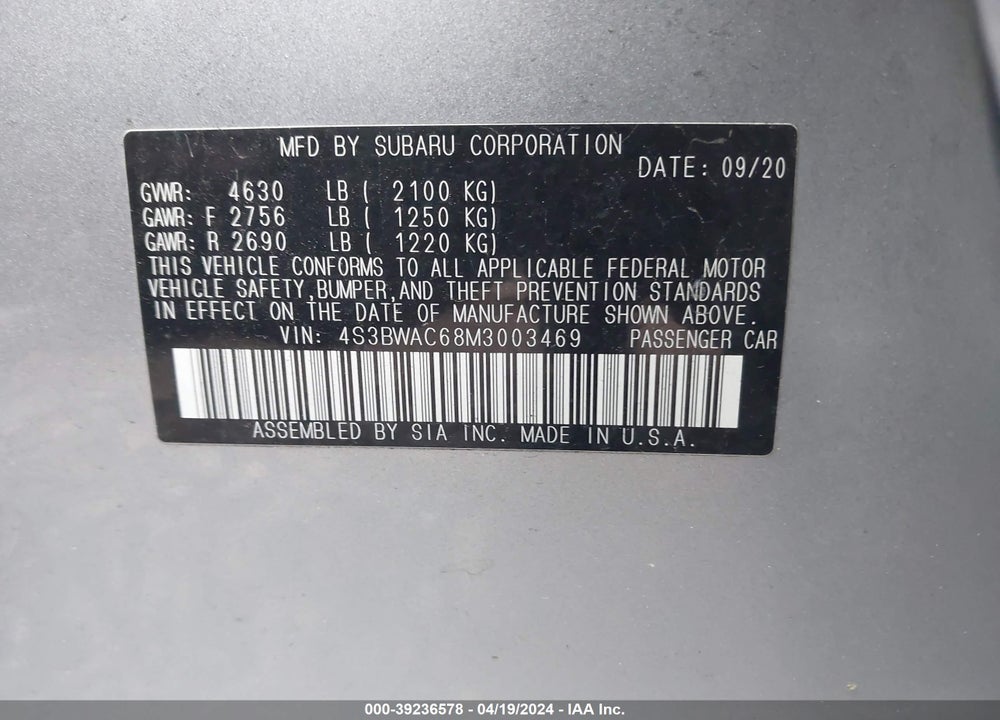 2021 SUBARU LEGACY PREMIUM VIN: 4S3BWAC68M3003469