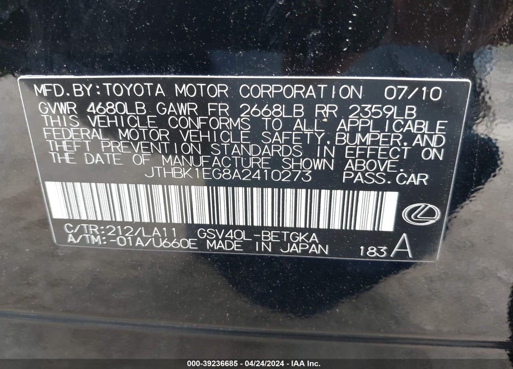 2010 LEXUS ES 350 VIN: JTHBK1EG8A2410273