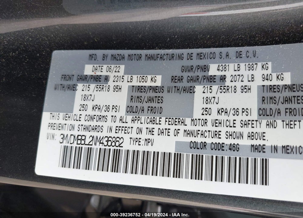 2022 MAZDA CX-30 SELECT VIN: 3MVDMBBL2NM436862
