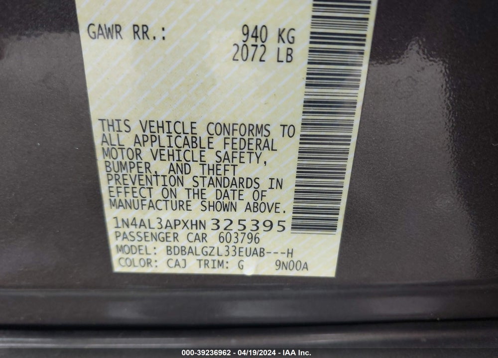 2017 NISSAN ALTIMA 2.5 S VIN: 1N4AL3APXHN325395