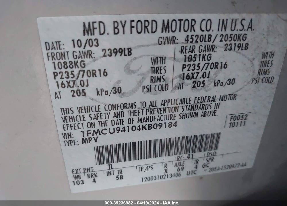 2004 ESCAPE FORD  LIMITED VIN: 1FMCU94104KB09184