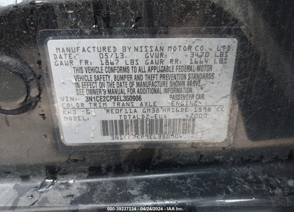 2014 NISSAN VERSA NOTE SV VIN: 3N1CE2CP9EL350906