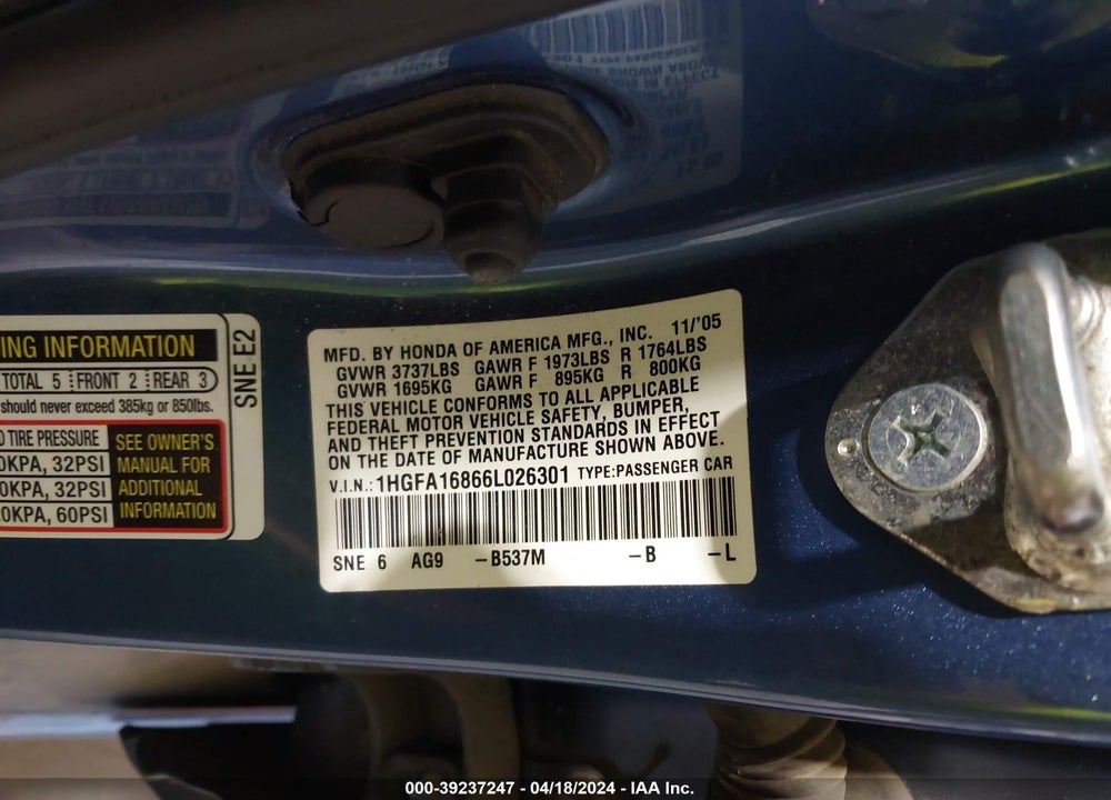 2006 HONDA CIVIC EX VIN: 1HGFA16866L026301