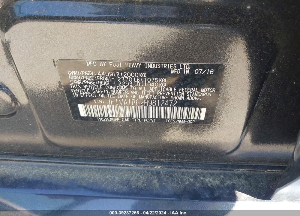 2017 SUBARU WRX VIN: JF1VA1B62H9812472