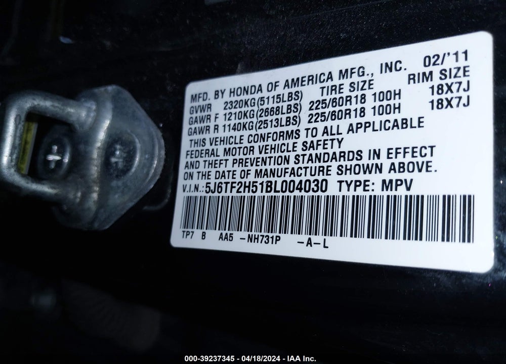 2011 HONDA ACCORD CROSSTOUR EX-L VIN: 5J6TF2H51BL004030