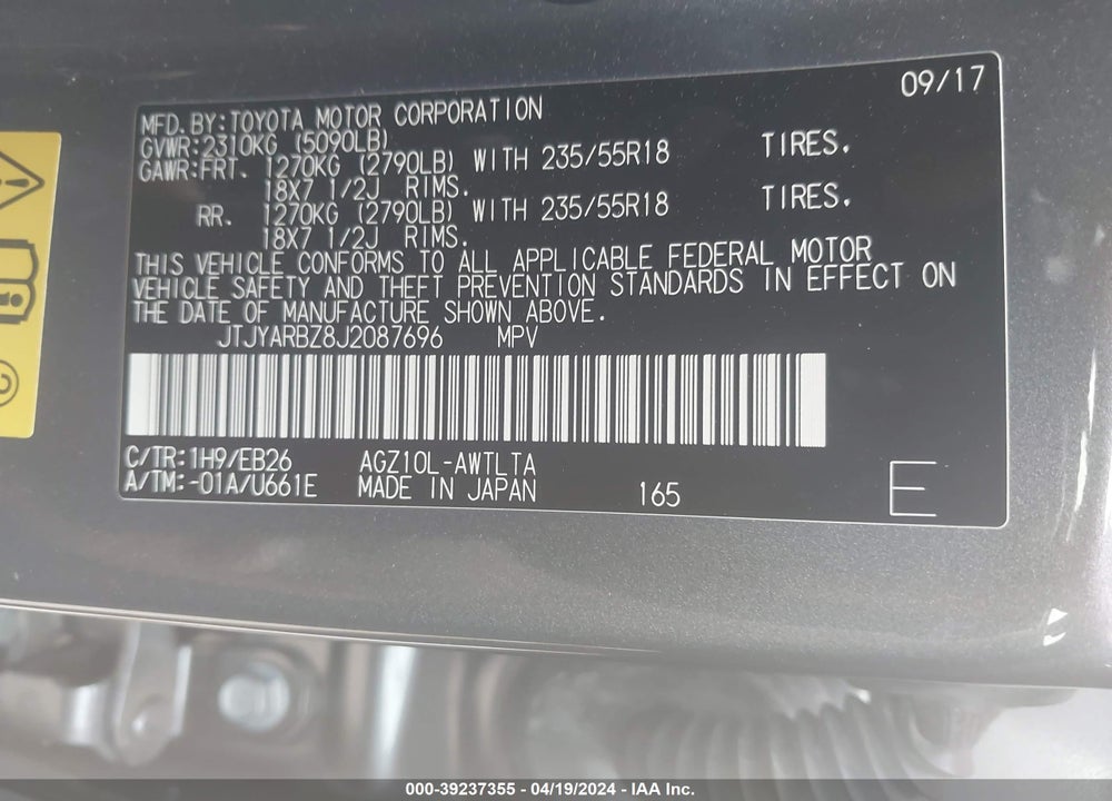 2018 LEXUS NX 300 F-SPORT VIN: JTJYARBZ8J2087696