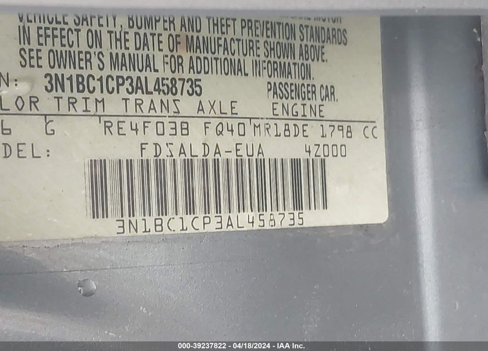 2010 NISSAN VERSA 1.8S VIN: 3N1BC1CP3AL458735