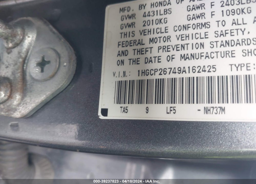 2009 HONDA ACCORD 2.4 EX VIN: 1HGCP26749A162425