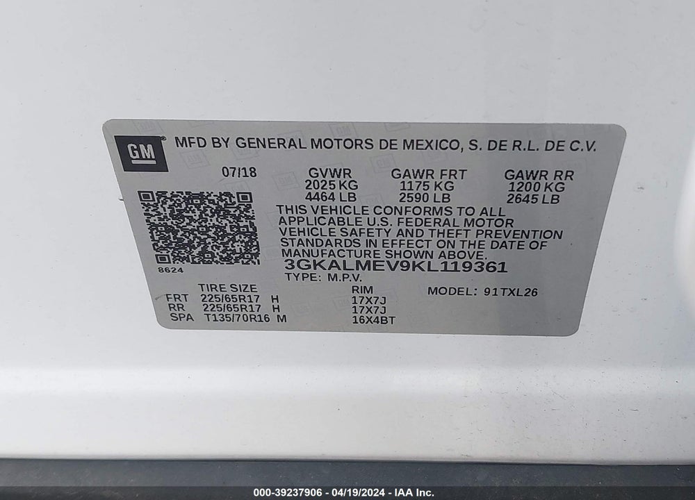2019 GMC TERRAIN SLE VIN: 3GKALMEV9KL119361