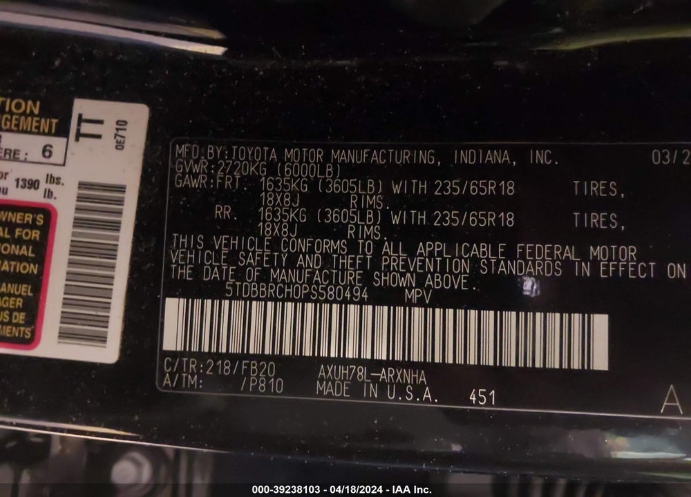 2023 TOYOTA HIGHLANDER HYBRID LE VIN: 5TDBBRCH0PS580494