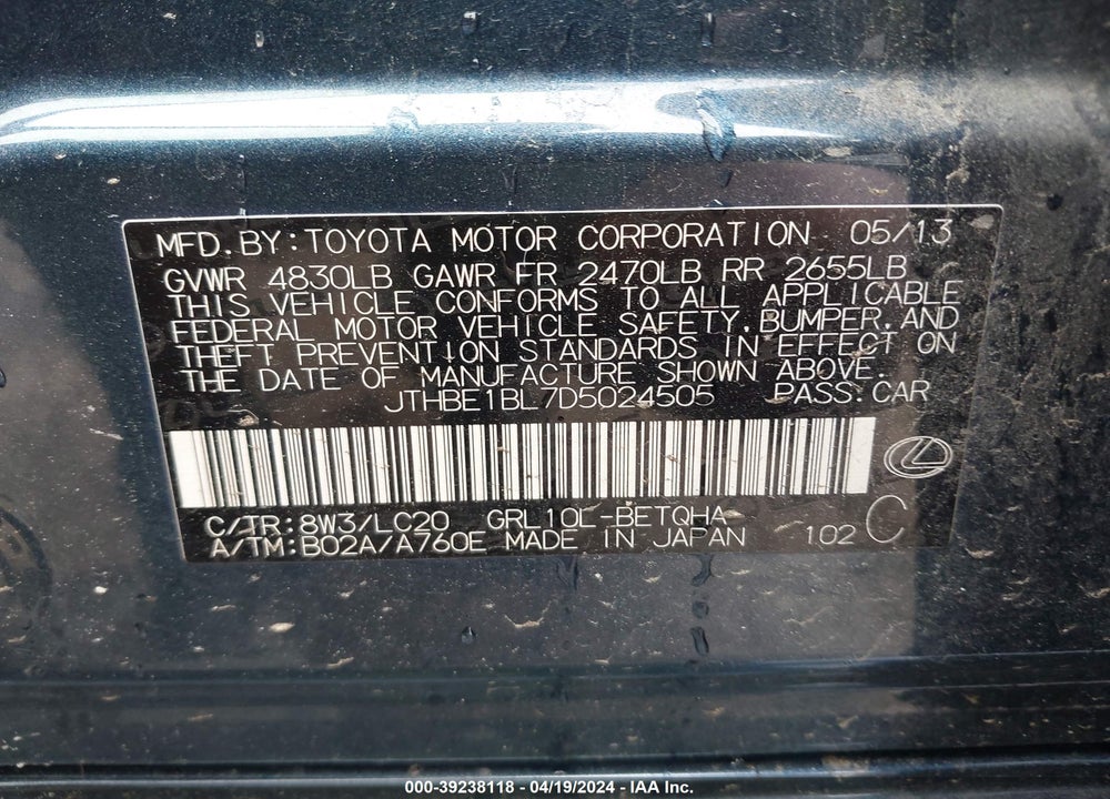 2013 LEXUS GS 350 VIN: JTHBE1BL7D5024505