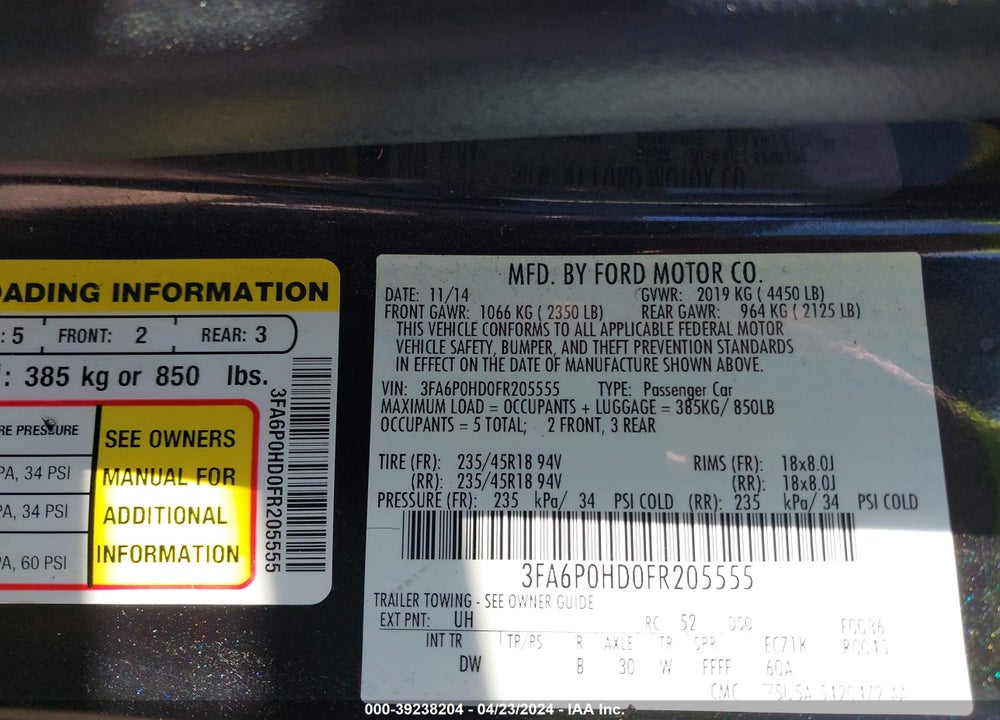 2015 FORD FUSION SE VIN: 3FA6P0HD0FR205555