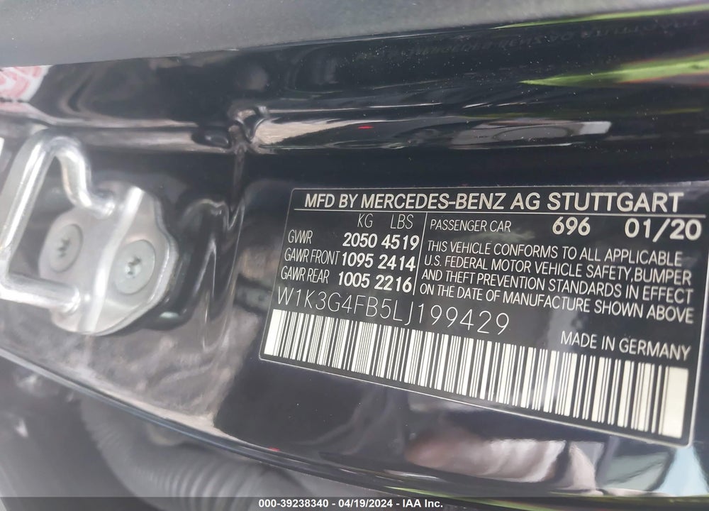 2020 MERCEDES-BENZ A 220 4MATIC VIN: W1K3G4FB5LJ199429