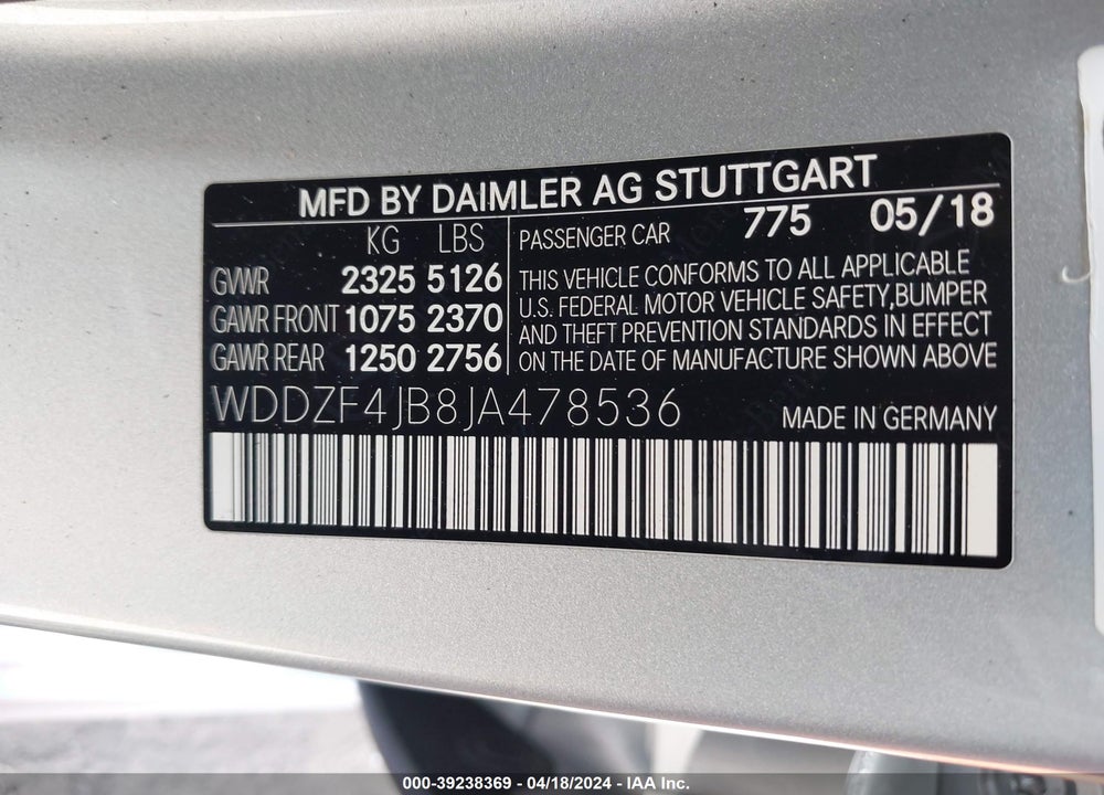 2018 MERCEDES-BENZ E 300 VIN: WDDZF4JB8JA478536