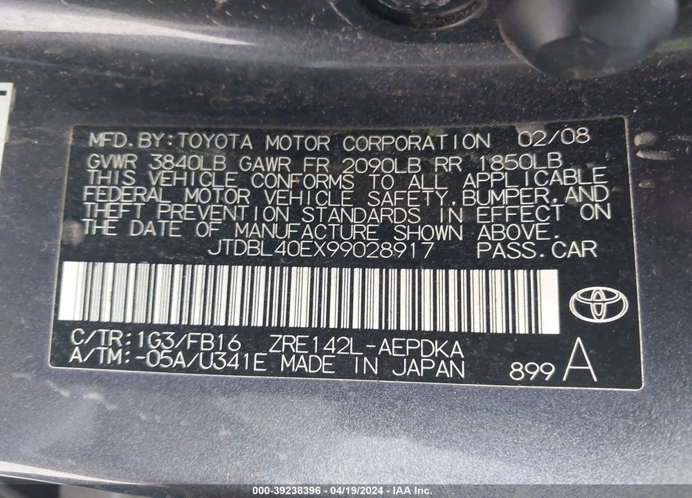 2009 TOYOTA COROLLA LE VIN: JTDBL40EX99028917
