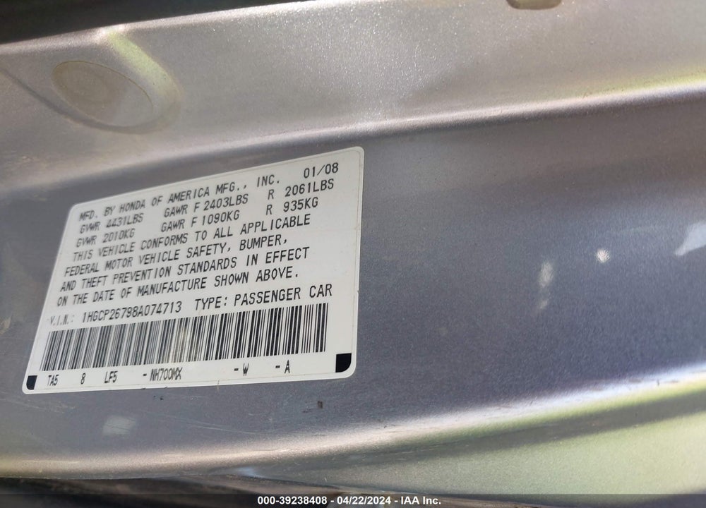 2008 HONDA ACCORD 2.4 EX VIN: 1HGCP26798A074713