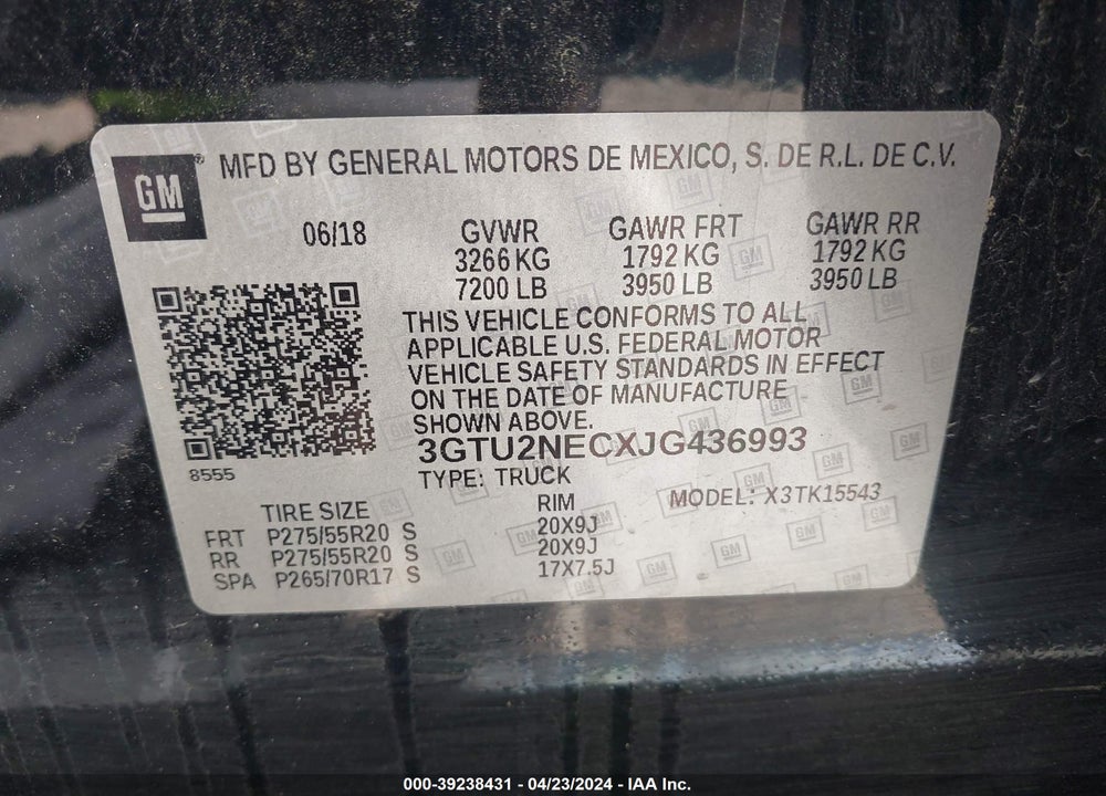 2018 GMC SIERRA 1500 SLT VIN: 3GTU2NECXJG436993
