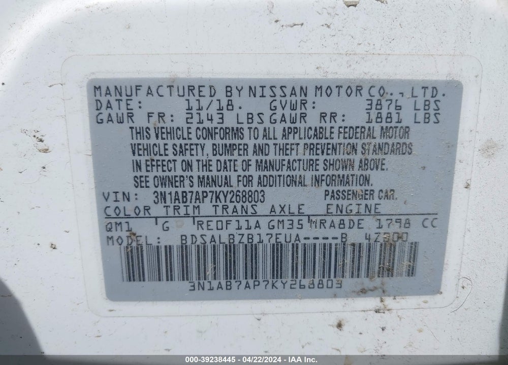 2019 NISSAN SENTRA S VIN: 3N1AB7AP7KY268803