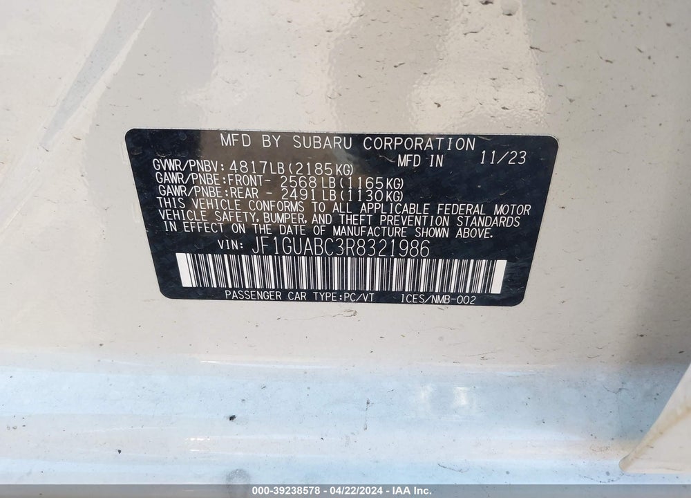 2024 SUBARU IMPREZA BASE 5-DOOR VIN: JF1GUABC3R8321986