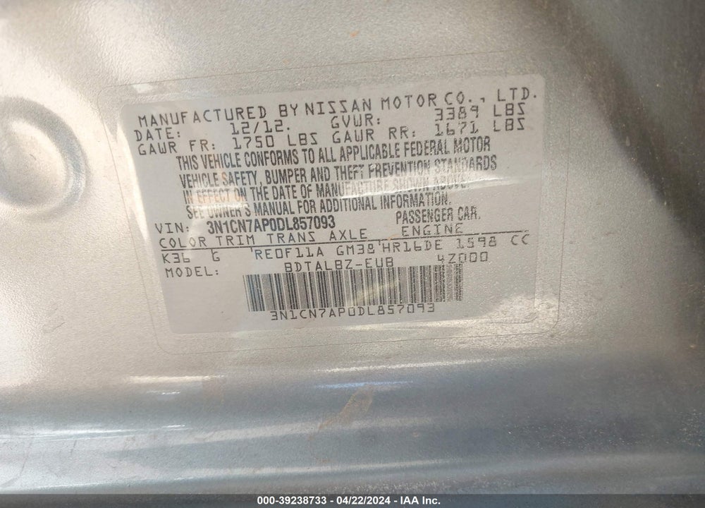 2013 NISSAN VERSA 1.6 SV VIN: 3N1CN7AP0DL857093