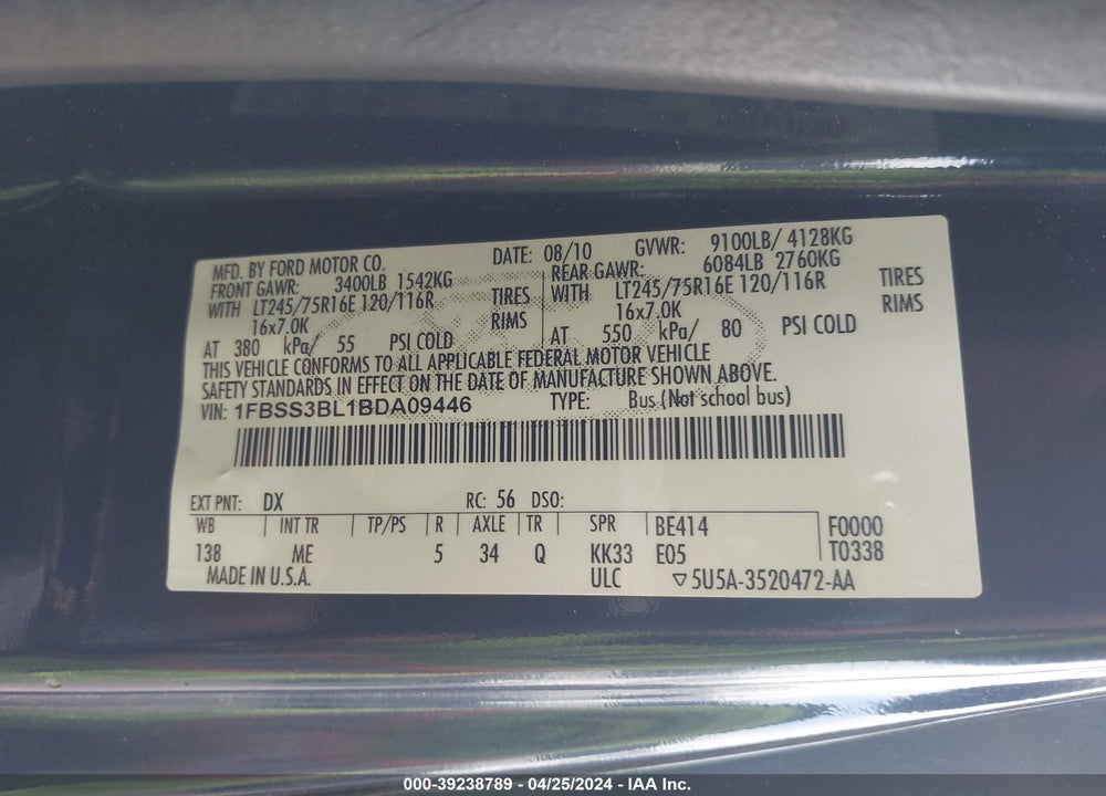 2011 FORD E-350 SUPER DUTY XLT VIN: 1FBSS3BL1BDA09446