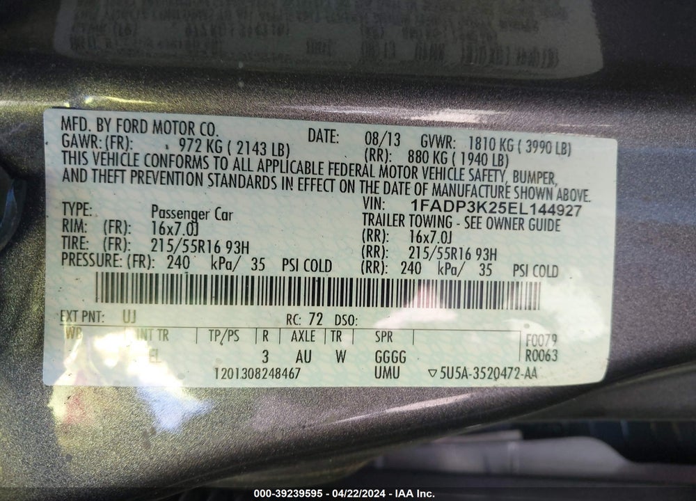 2014 FORD FOCUS SE VIN: 1FADP3K25EL144927