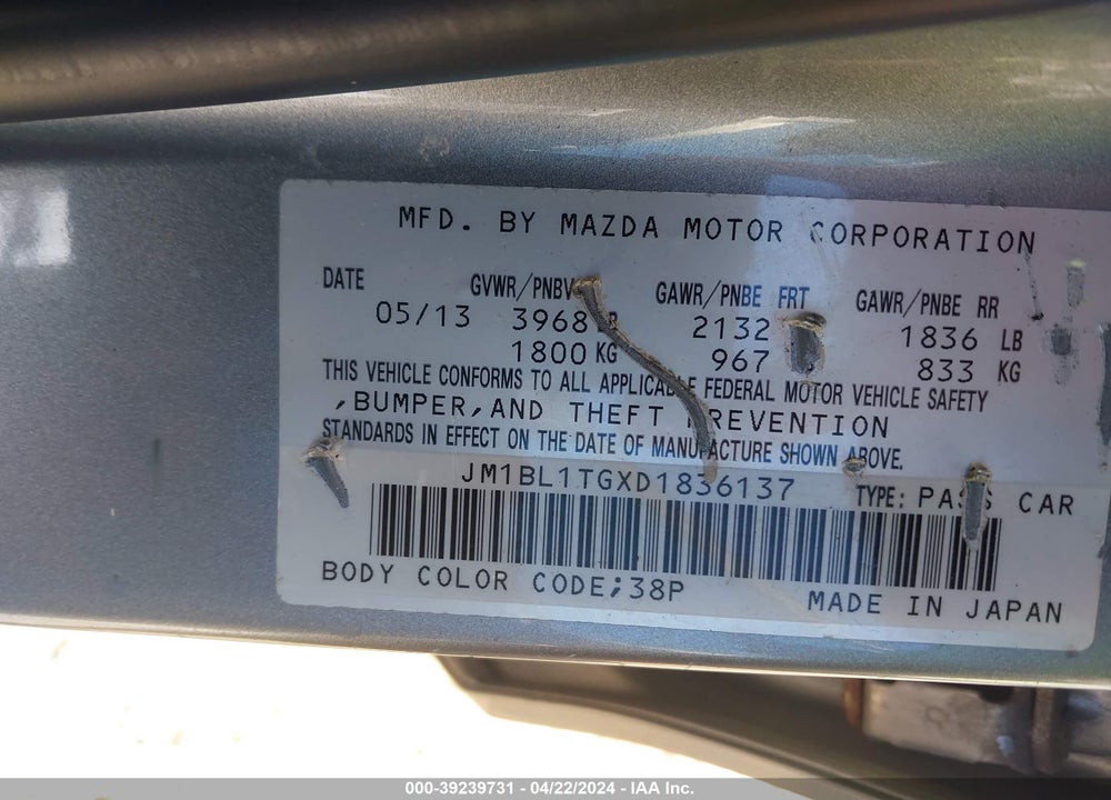 2013 MAZDA 3 I SV VIN: JM1BL1TGXD1836137