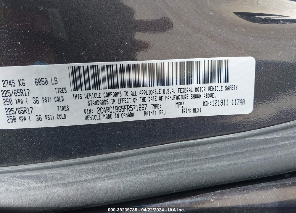 2015 CHRYSLER TOWN & COUNTRY TOURING VIN: 2C4RC1BG5FR571867