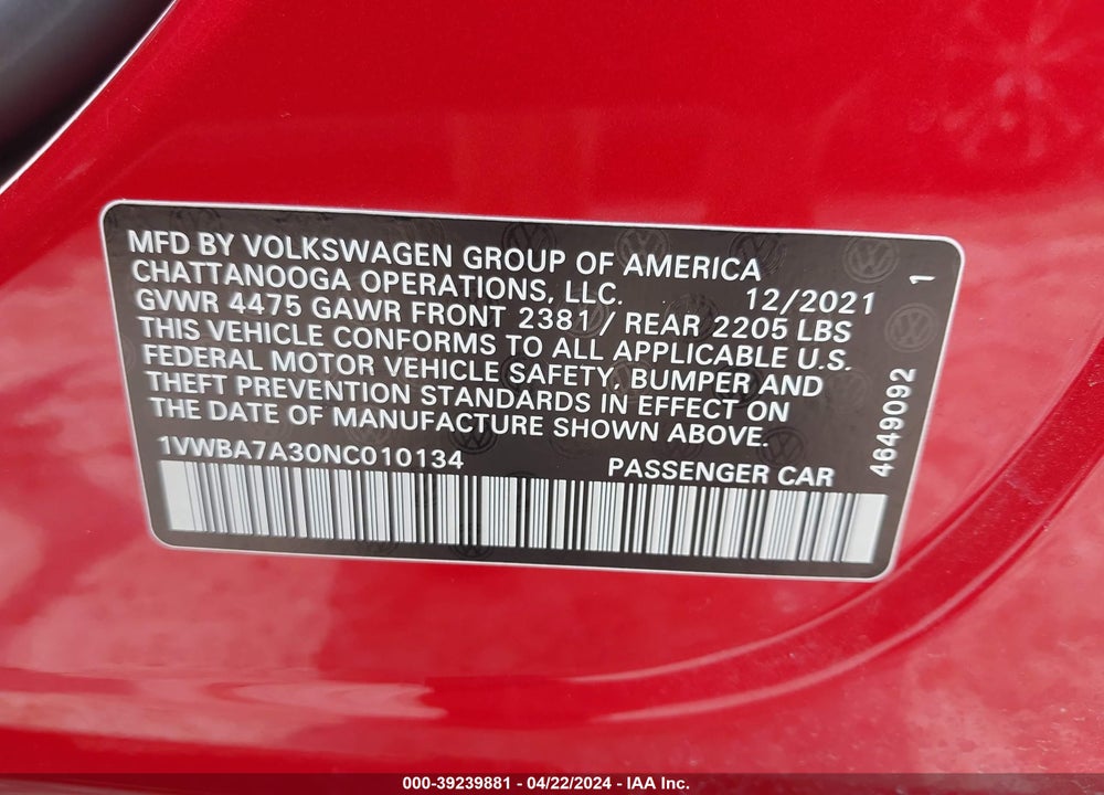 2022 VOLKSWAGEN PASSAT VIN: 1VWBA7A30NC010134
