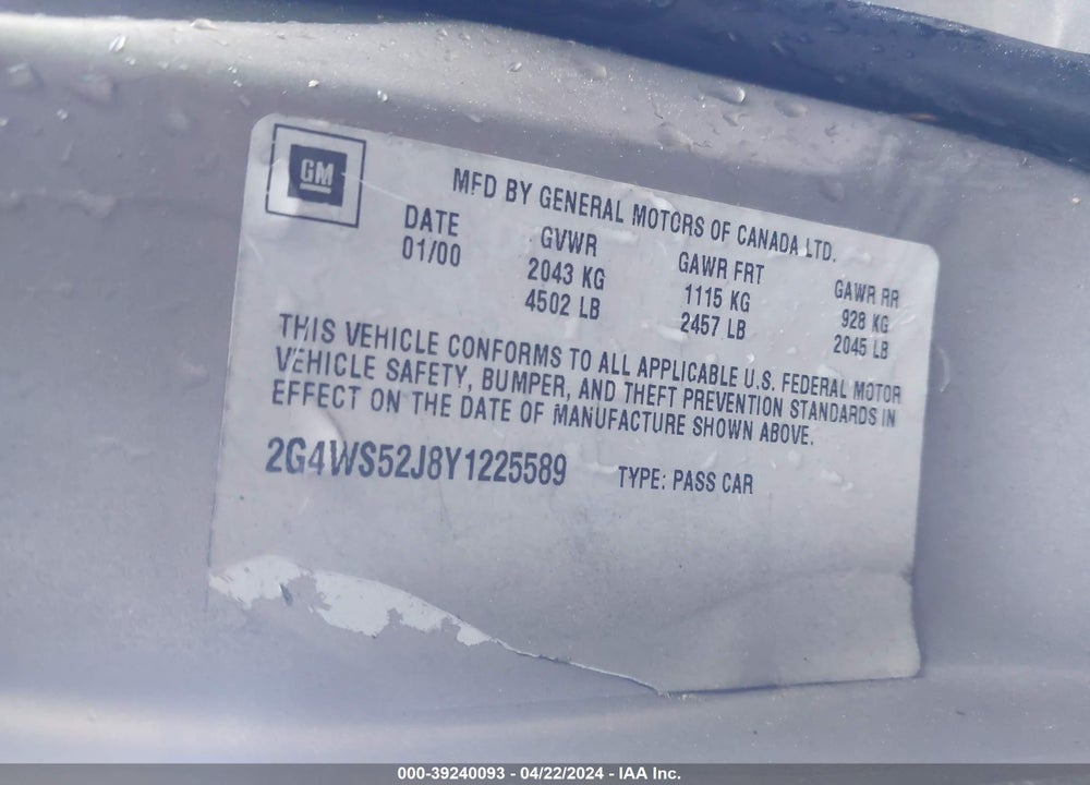 2000 BUICK CENTURY CUSTOM VIN: 2G4WS52J8Y1225589