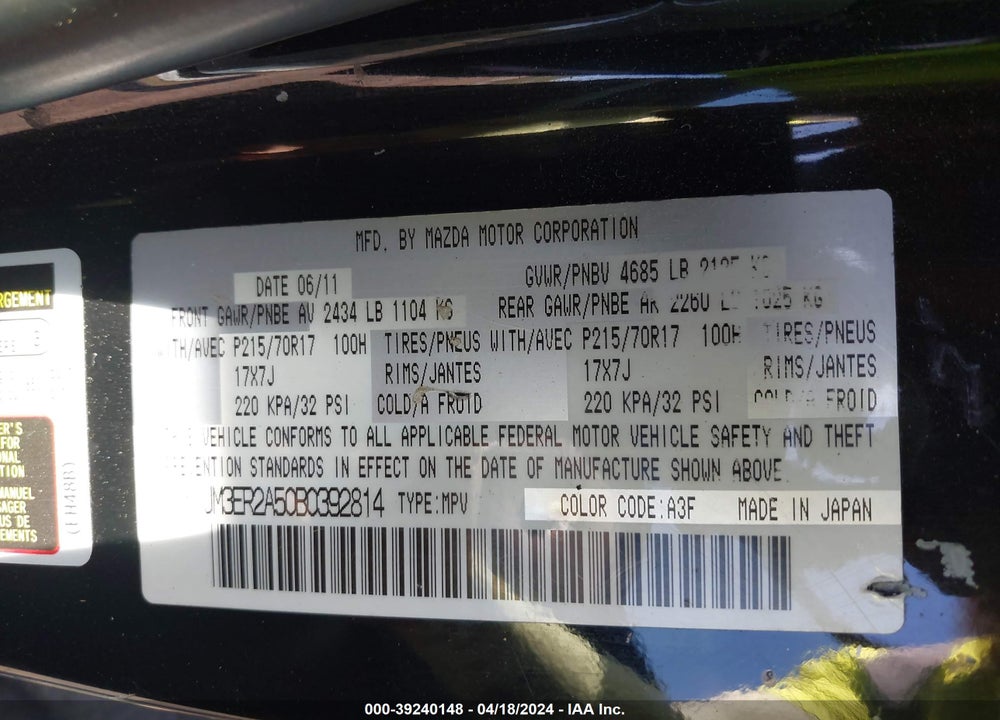2011 MAZDA CX-7 I SV VIN: JM3ER2A50B0392814